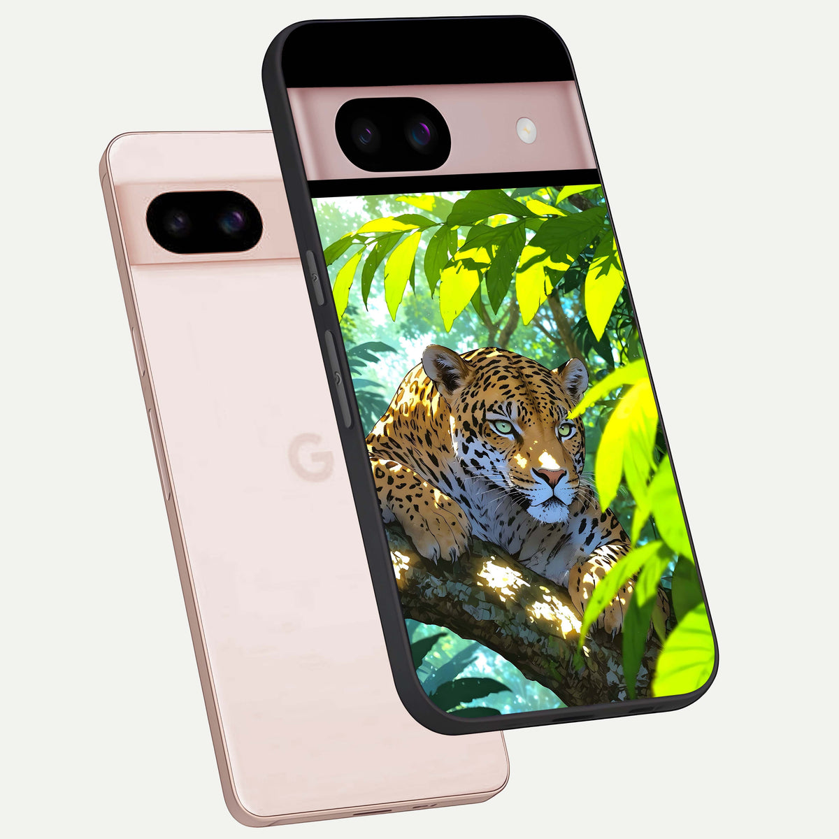  Leopard in Jungle phone case For Google Pixel 8 showing premium glass back cover with detailed artwork