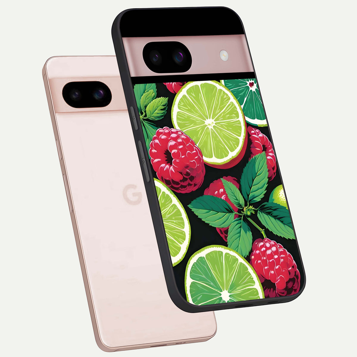  Lime and Raspberry Pattern phone case For Google Pixel 8 showing premium glass back cover with detailed artwork