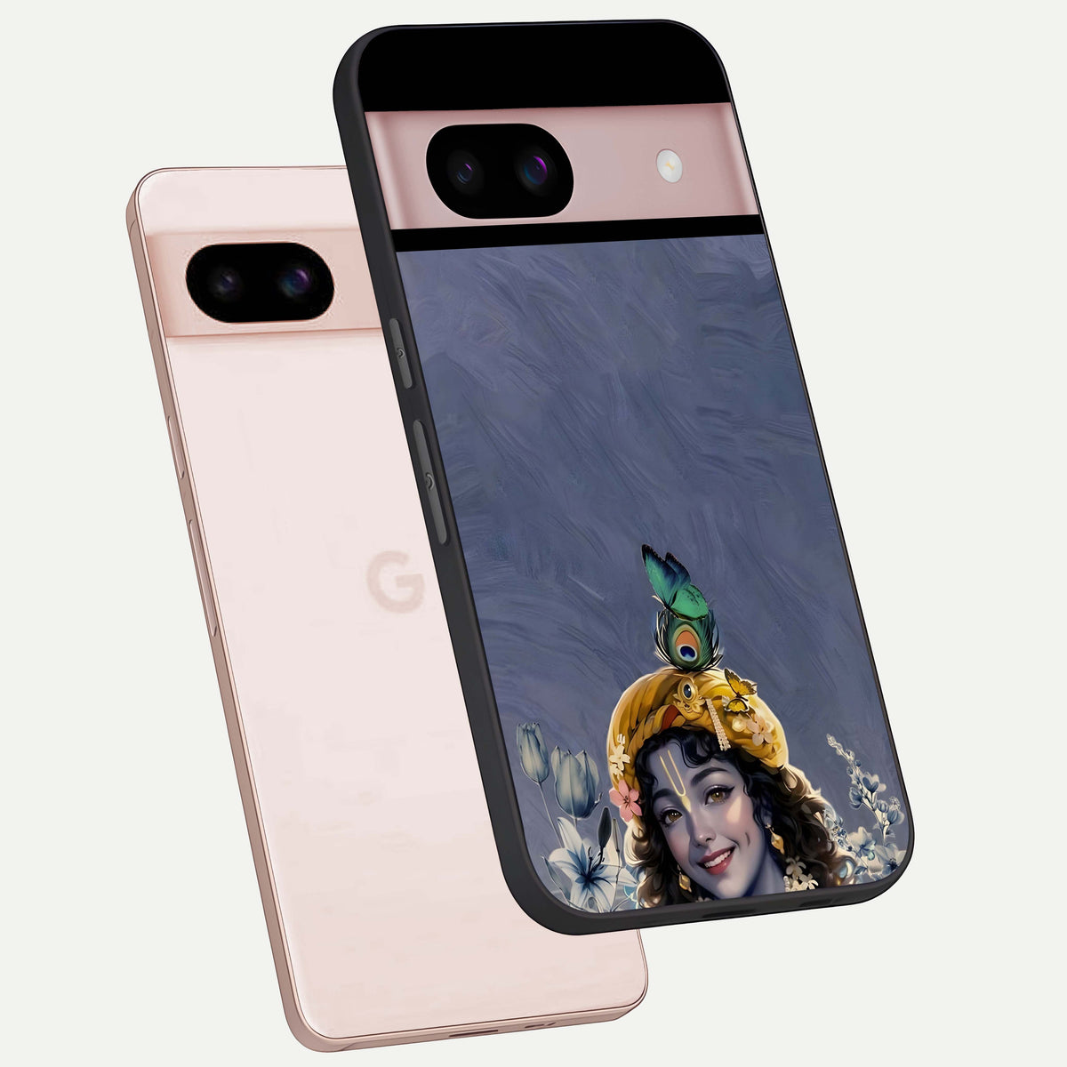  Lord Krishna phone case For Google Pixel 8 showing premium glass back cover with detailed artwork