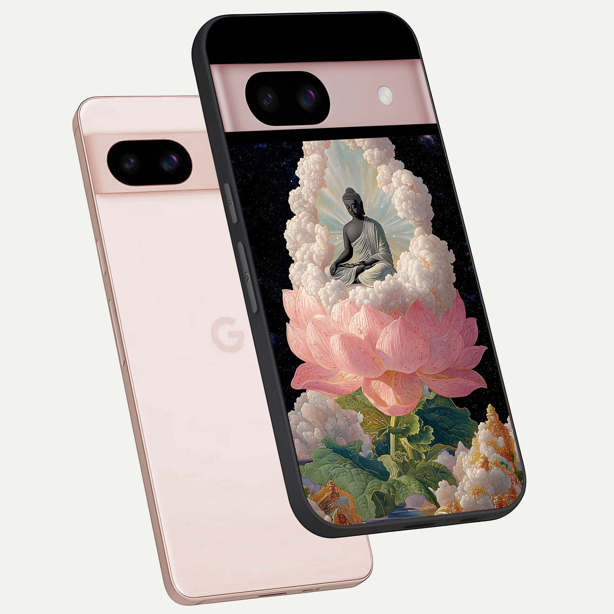  Lotus Divine Peace phone case For Google Pixel 8 showing premium glass back cover with detailed artwork