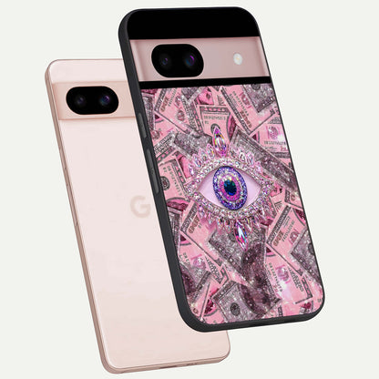  Money Eye Luxe phone case For Google Pixel 8 showing premium glass back cover with detailed artwork