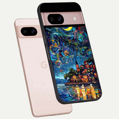  Moonlight Harbor Glow phone case For Google Pixel 8 showing premium glass back cover with detailed artwork