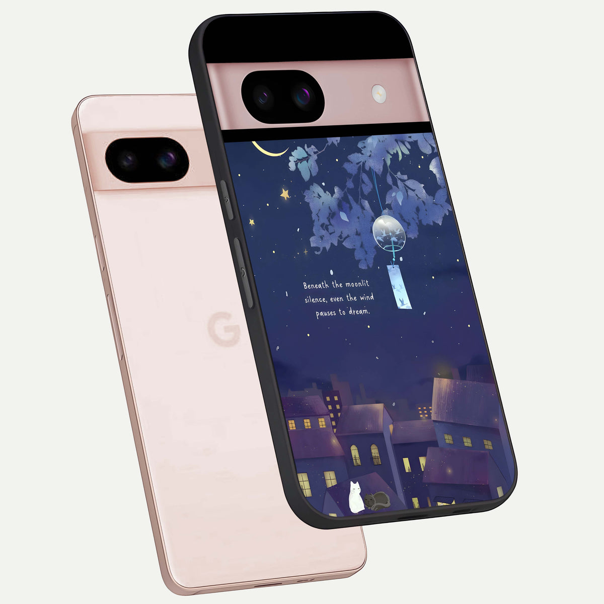  Moonlit Cat Silence phone case For Google Pixel 8 showing premium glass back cover with detailed artwork