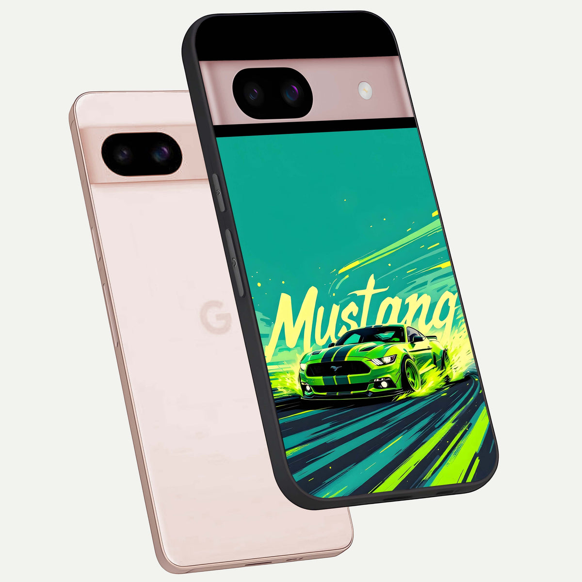  Mustang Bang phone case For Google Pixel 8 showing premium glass back cover with detailed artwork