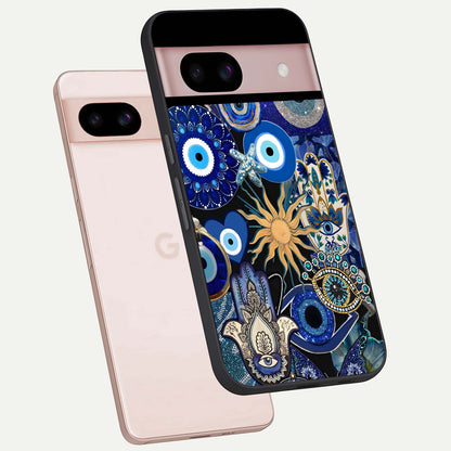  Mystic Blue Evil Eye phone case For Google Pixel 8 showing premium glass back cover with detailed artwork