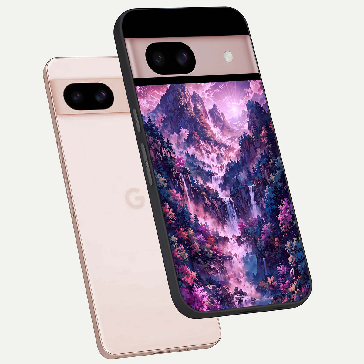  Mystic Cascade Peaks phone case For Google Pixel 8 showing premium glass back cover with detailed artwork