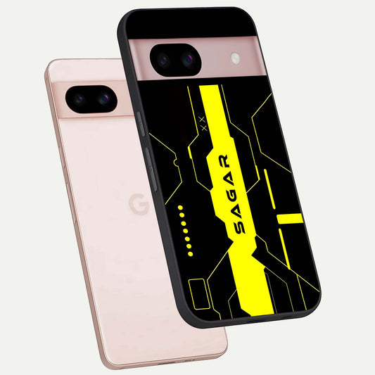  Neon CYBERPUNK Custom Name phone case For Google Pixel 8 showing premium glass back cover with detailed artwork
