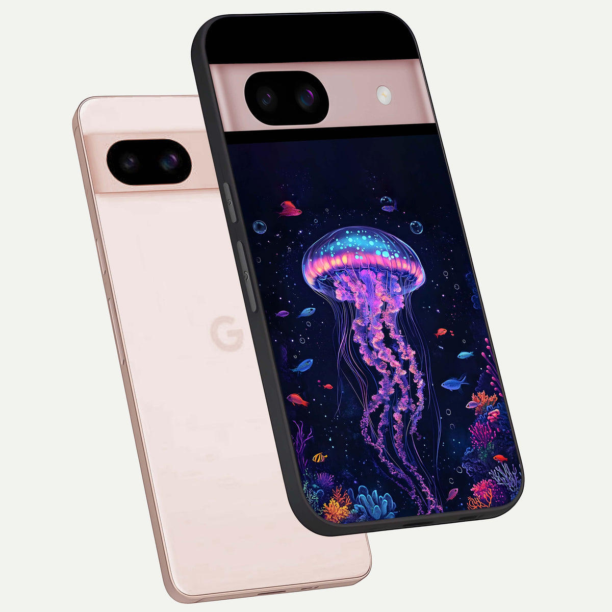  Neon Jellyfish phone case For Google Pixel 8 showing premium glass back cover with detailed artwork