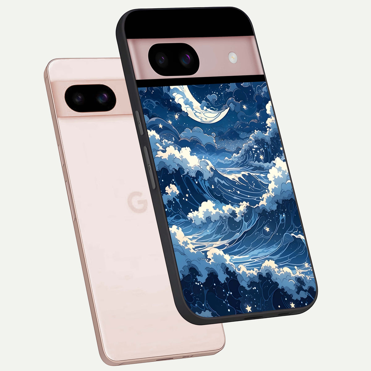  Ocean Moon Waves phone case For Google Pixel 8 showing premium glass back cover with detailed artwork