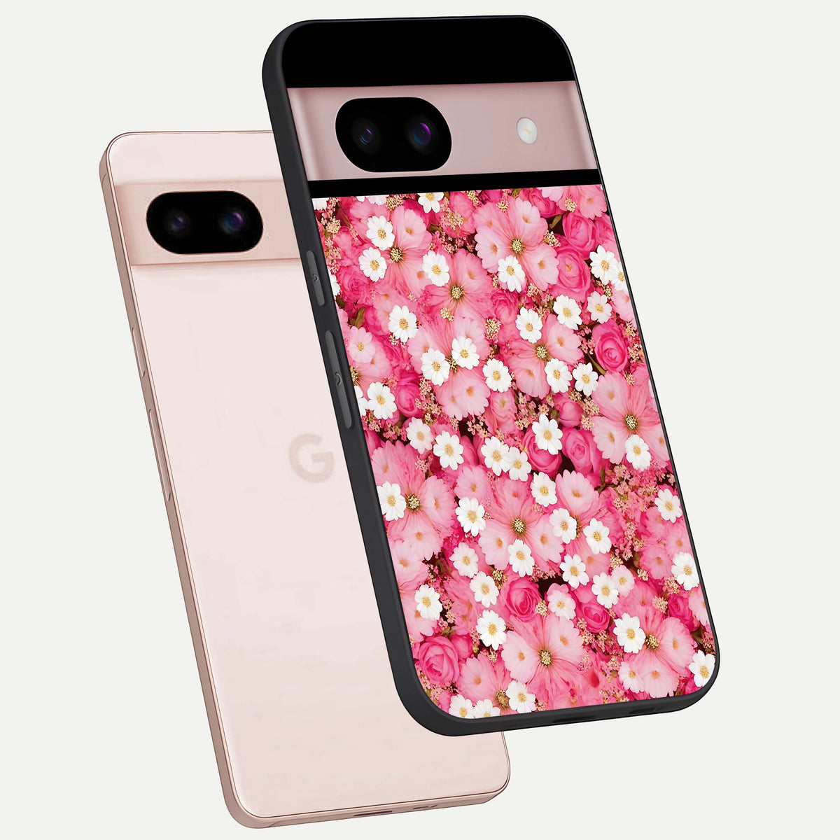  Pink Daisy Bliss phone case For Google Pixel 8 showing premium glass back cover with detailed artwork