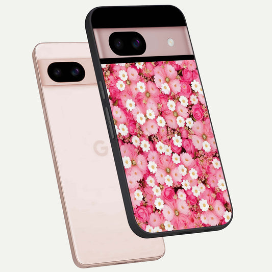  Pink Daisy Bliss phone case For Google Pixel 8 showing premium glass back cover with detailed artwork