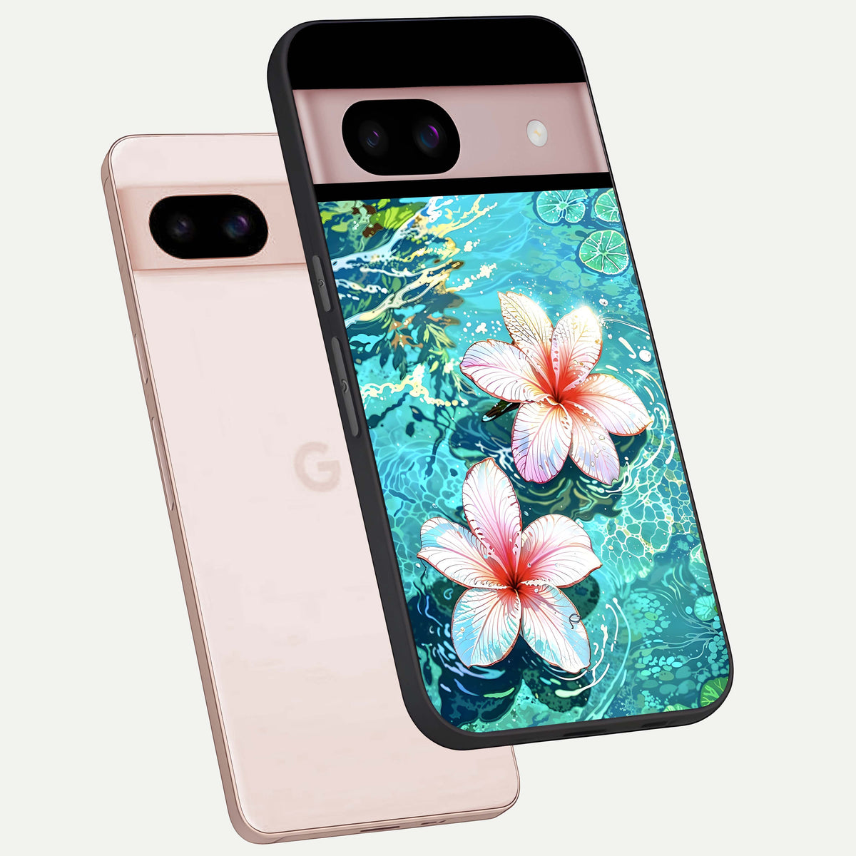  Pink Flowers in Water phone case For Google Pixel 8 showing premium glass back cover with detailed artwork