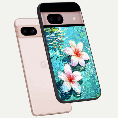  Pink Flowers in Water phone case For Google Pixel 8 showing premium glass back cover with detailed artwork