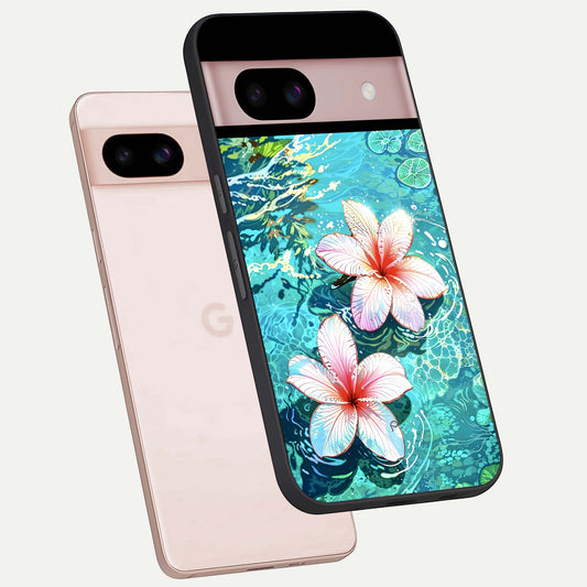  Pink Flowers in Water phone case For Google Pixel 8 showing premium glass back cover with detailed artwork