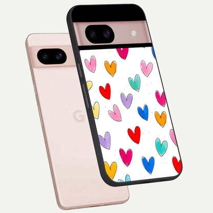  Playful Love Doodles phone case For Google Pixel 8 showing premium glass back cover with detailed artwork