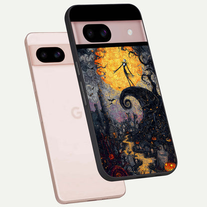  Pumpkin Moon Night phone case For Google Pixel 8 showing premium glass back cover with detailed artwork