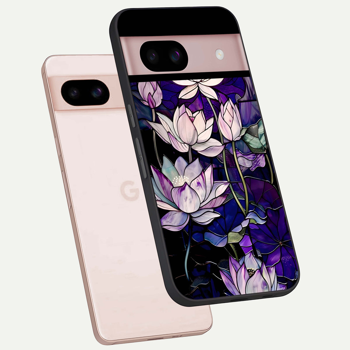  Purple Lotus Pattern phone case For Google Pixel 8 showing premium glass back cover with detailed artwork
