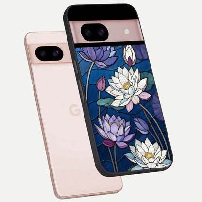  Purple Lotus Stained phone case For Google Pixel 8 showing premium glass back cover with detailed artwork