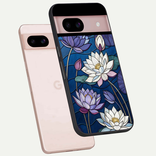  Purple Lotus Stained phone case For Google Pixel 8 showing premium glass back cover with detailed artwork
