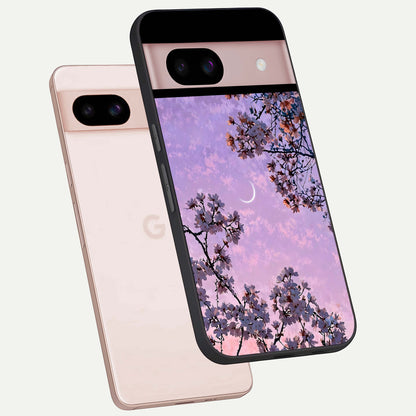  Purple Serenity Moon phone case For Google Pixel 8 showing premium glass back cover with detailed artwork
