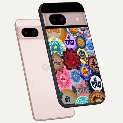  Radha Divine Bloom phone case For Google Pixel 8 showing premium glass back cover with detailed artwork
