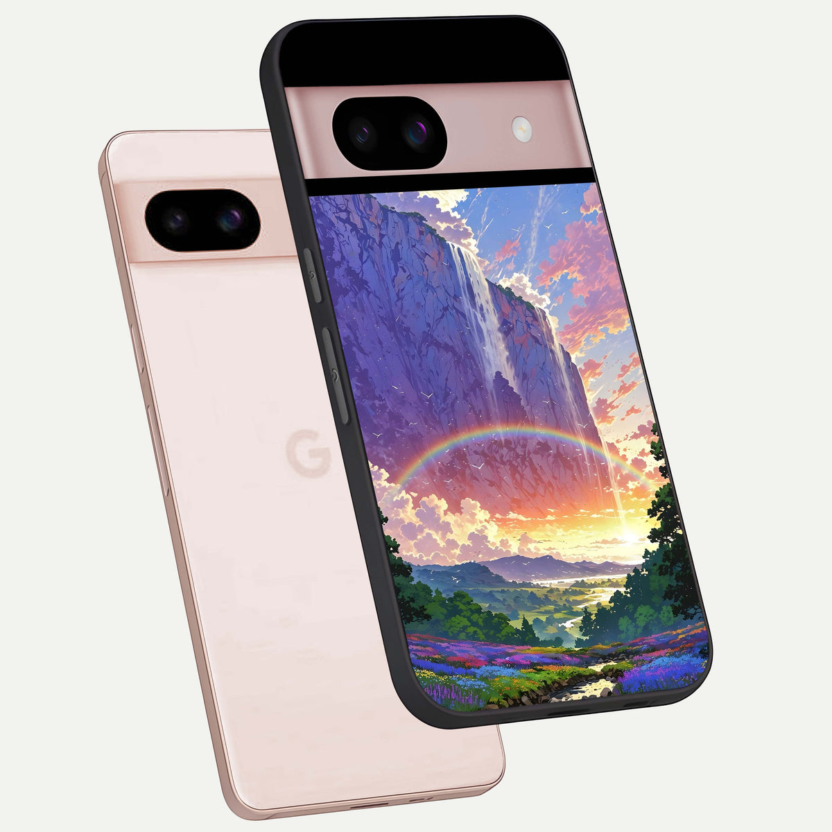  Rainbow Valley Dream phone case For Google Pixel 8 showing premium glass back cover with detailed artwork