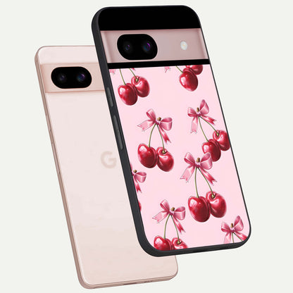  Red Cherries Pattern phone case For Google Pixel 8 showing premium glass back cover with detailed artwork
