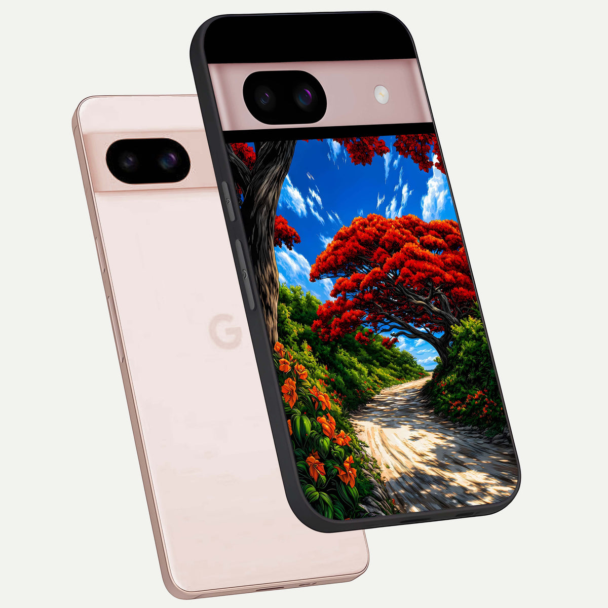  Red Trees Pathway phone case For Google Pixel 8 showing premium glass back cover with detailed artwork