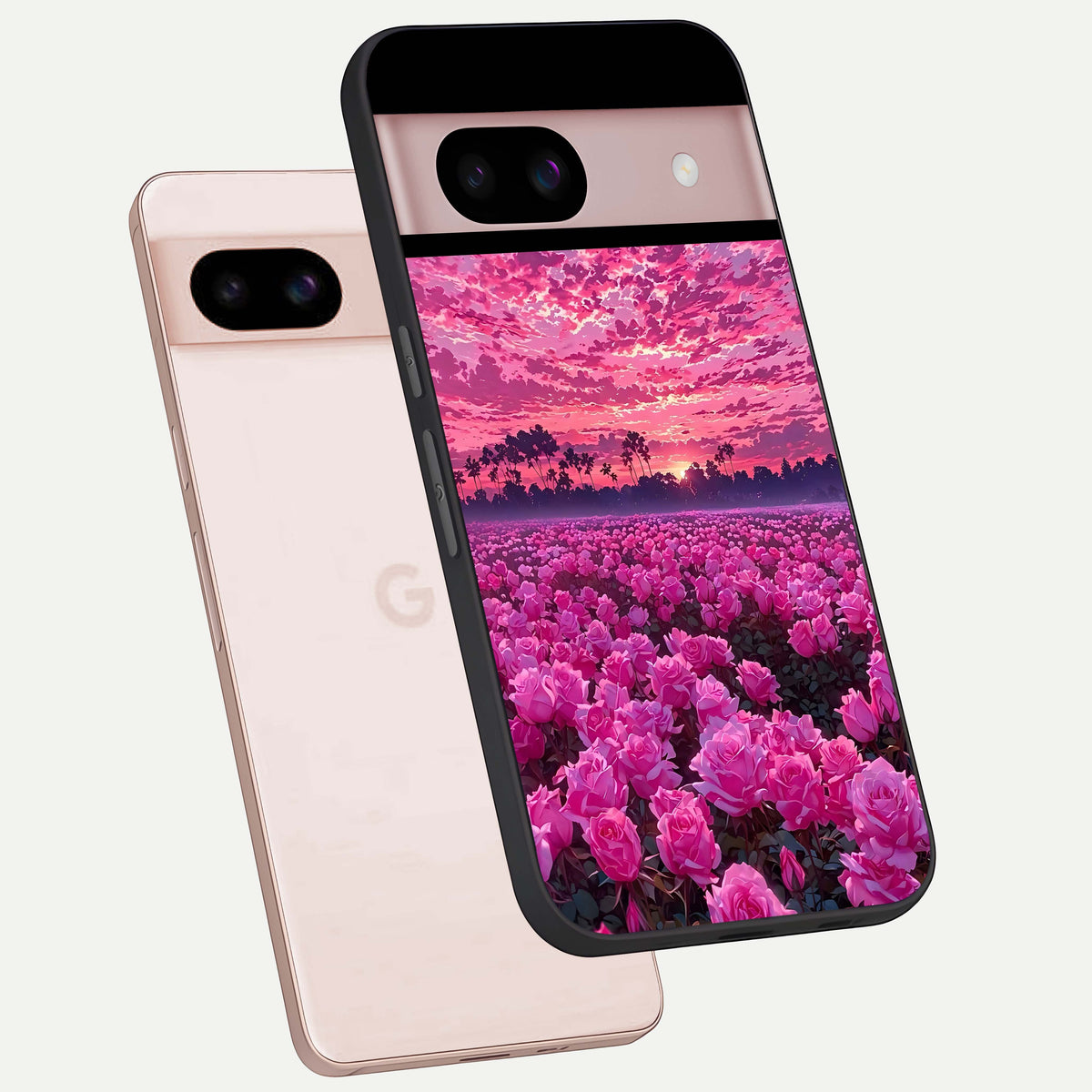  Rose Sunset Valley phone case For Google Pixel 8 showing premium glass back cover with detailed artwork