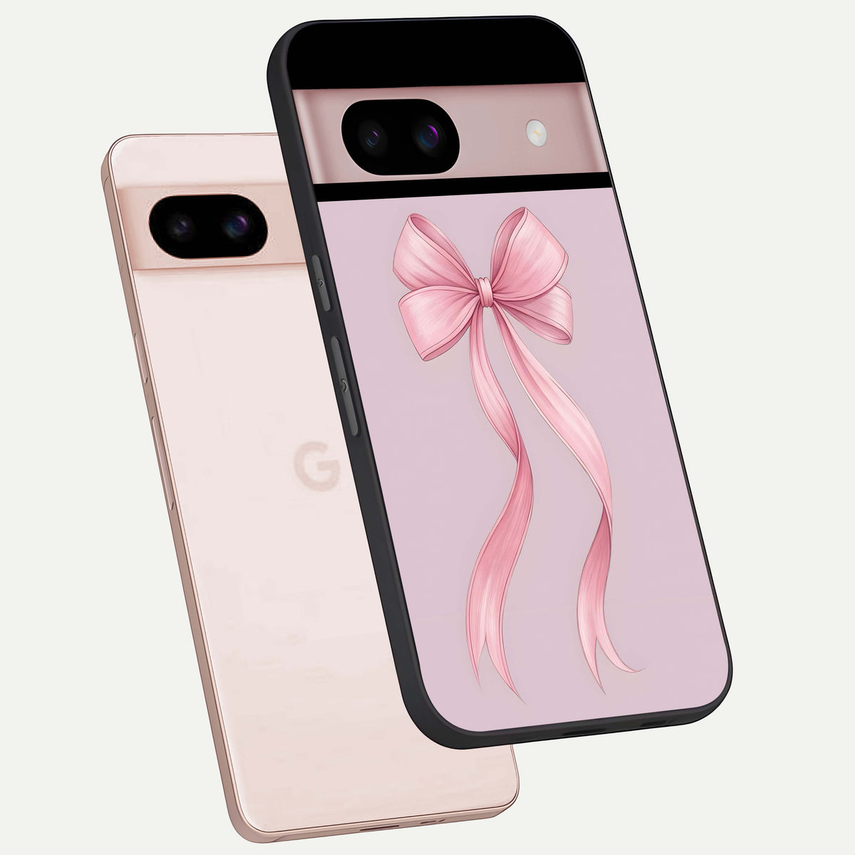  Soft Blush Bow phone case For Google Pixel 8 showing premium glass back cover with detailed artwork