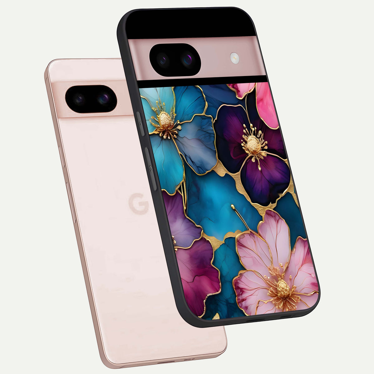  Sparkle Floral phone case For Google Pixel 8 showing premium glass back cover with detailed artwork