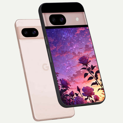  Starlit Rose Twilight phone case For Google Pixel 8 showing premium glass back cover with detailed artwork