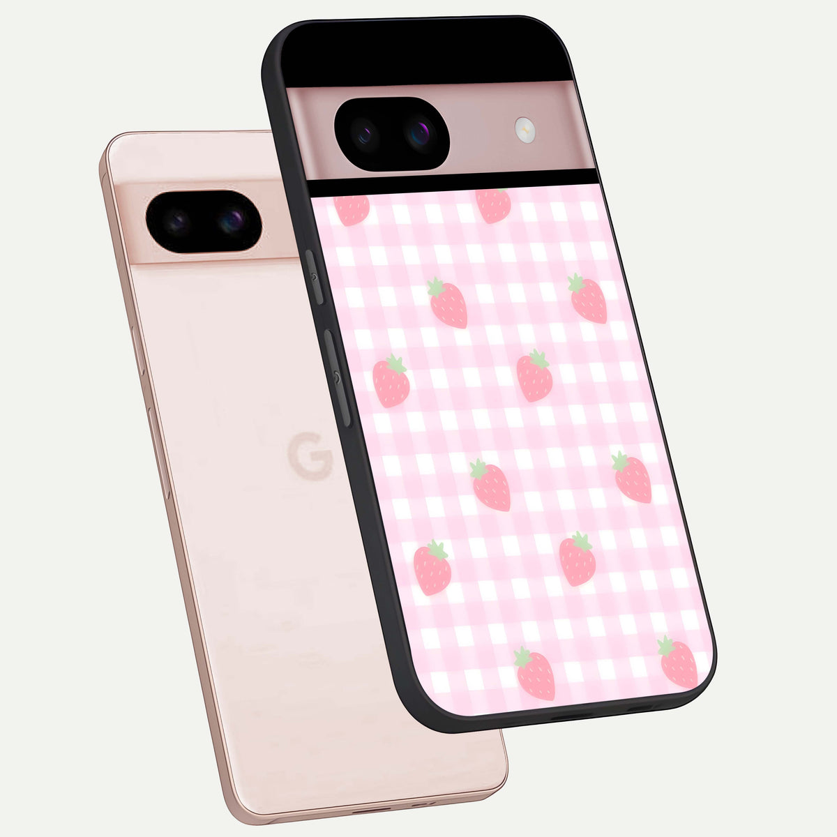  Strawberry Picnic Love phone case For Google Pixel 8 showing premium glass back cover with detailed artwork