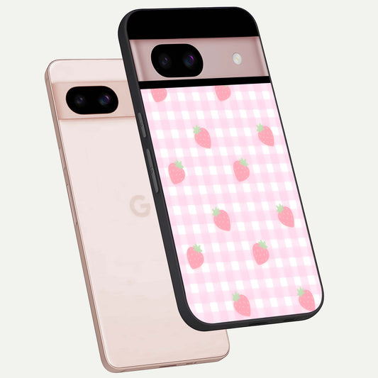  Strawberry Picnic Love phone case For Google Pixel 8 showing premium glass back cover with detailed artwork