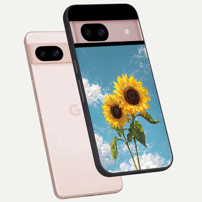  Sunlit Daisy Glow phone case For Google Pixel 8 showing premium glass back cover with detailed artwork