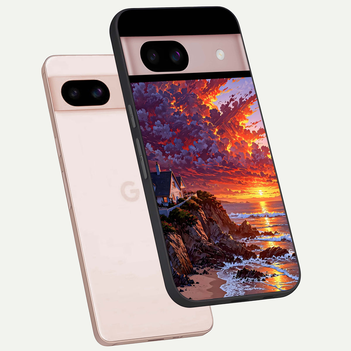  Sunset House By Sea phone case For Google Pixel 8 showing premium glass back cover with detailed artwork