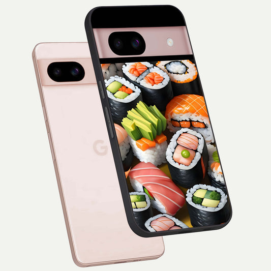  Sushi Food Pattern phone case For Google Pixel 8 showing premium glass back cover with detailed artwork