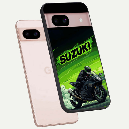  Suzuki Speed Beast phone case For Google Pixel 8 showing premium glass back cover with detailed artwork