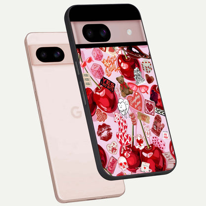  Sweet Cherry Chaos phone case For Google Pixel 8 showing premium glass back cover with detailed artwork