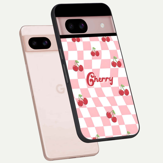  Sweet Cherry Vibes phone case For Google Pixel 8 showing premium glass back cover with detailed artwork