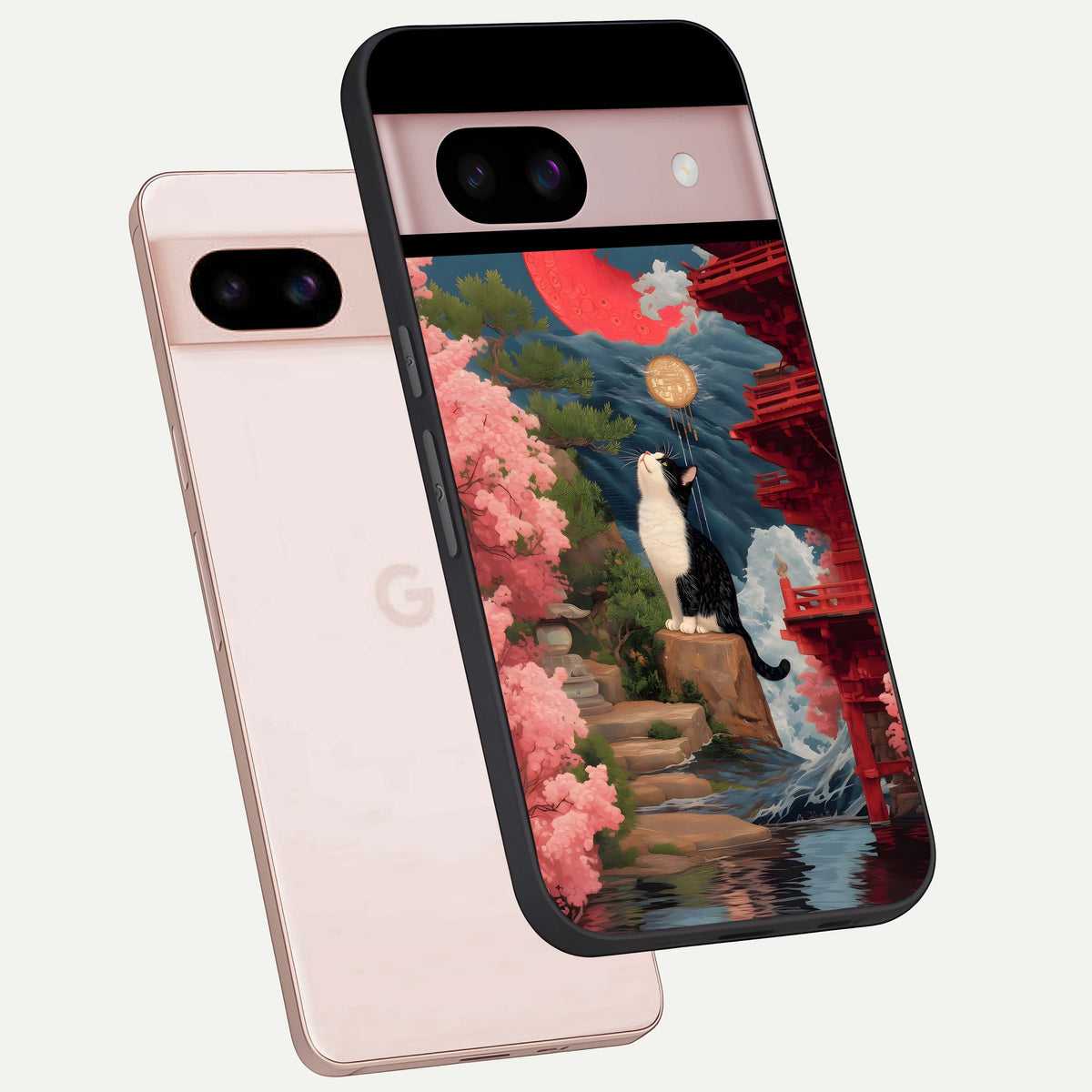  Temple Cat Scenery phone case For Google Pixel 8 showing premium glass back cover with detailed artwork