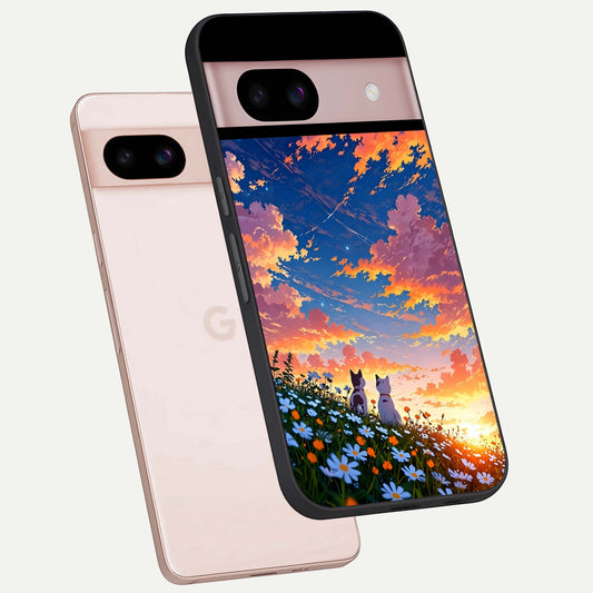  Two Cats Friends phone case For Google Pixel 8 showing premium glass back cover with detailed artwork