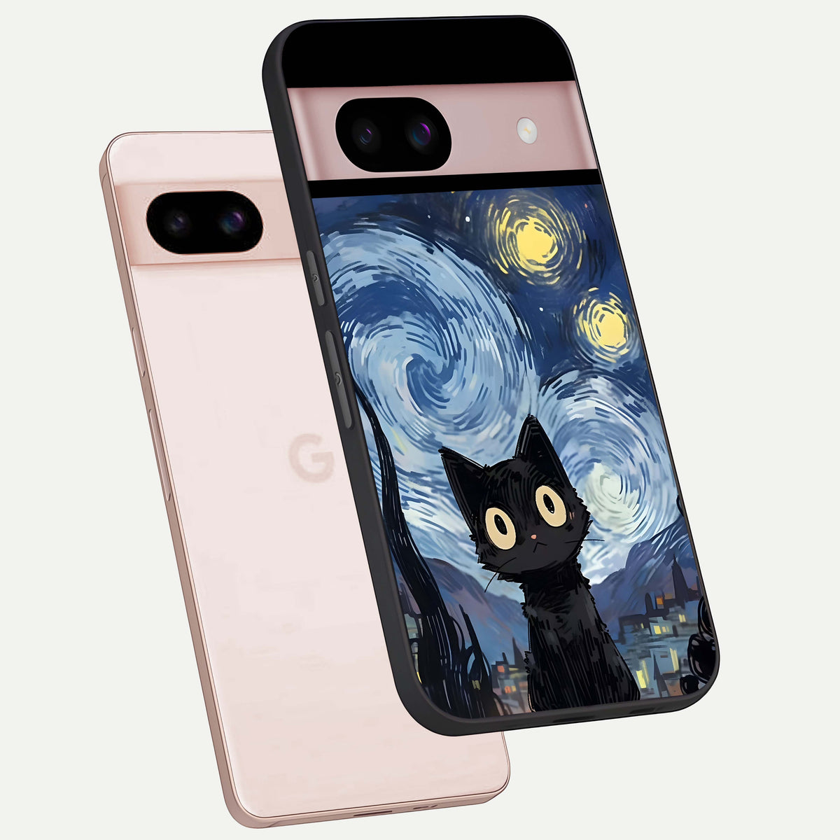  Van Gogh Cat phone case For Google Pixel 8 showing premium glass back cover with detailed artwork