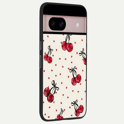  Cherry Heart Bow back cover For Google Pixel 8 slim fit glass case with vibrant aesthetic design