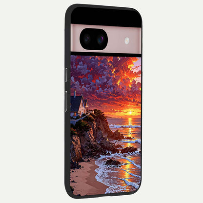  Sunset House By Sea back cover For Google Pixel 8 slim fit glass case with vibrant aesthetic design