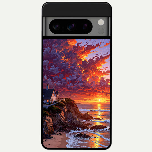  Sunset House By Sea Glass Case For Google Pixel 8 Pro back cover – full design glossy printed glass finish
