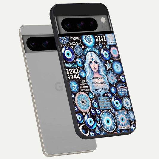  Angel Aura Shield phone case For Google Pixel 8 Pro showing premium glass back cover with detailed artwork