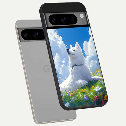  Blissful Cloud Pup phone case For Google Pixel 8 Pro showing premium glass back cover with detailed artwork