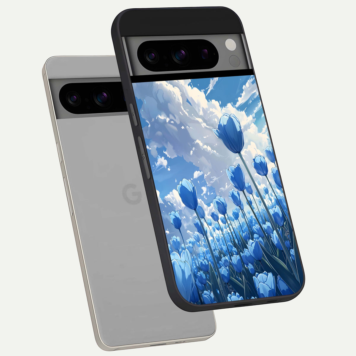  Blue Tulip Clouds phone case For Google Pixel 8 Pro showing premium glass back cover with detailed artwork