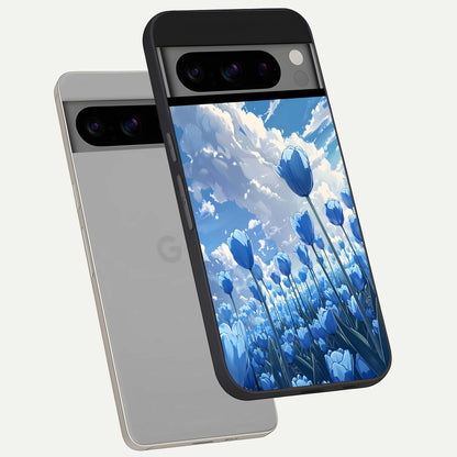  Blue Tulip Clouds phone case For Google Pixel 8 Pro showing premium glass back cover with detailed artwork